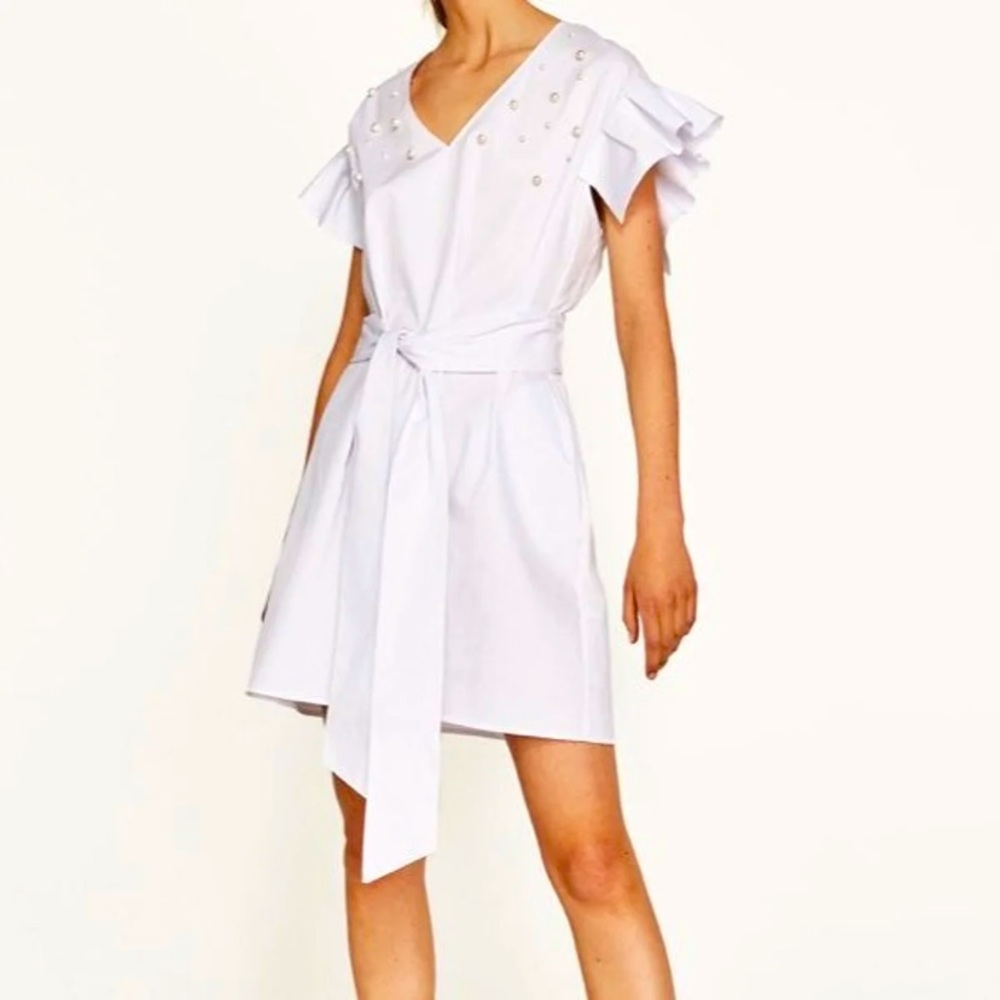 Zara Ruffled Poplin Dress w/ Faux Pearls